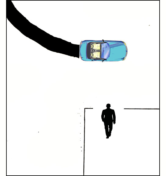 Drawing shows a pedestrian at a corner facing north with the parallel street on his left.  A car on the street beside him was going south and is turning left to cross his crosswalk.